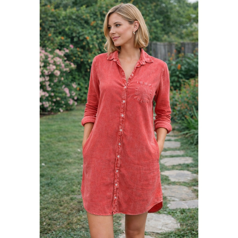 Frank & Eileen Mary Shirt Dress Button Front Distressed Red XS